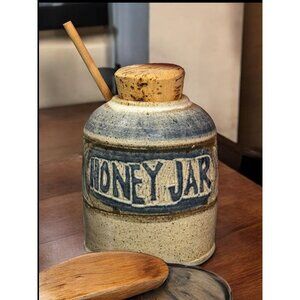 Handcrafted Stoneware Pottery Honey Pot Jar Primitive Lidded Wood Dipper Signed